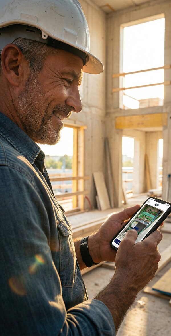 Bauarbeiter nutzt Smartphone für Mängeldokumentation
