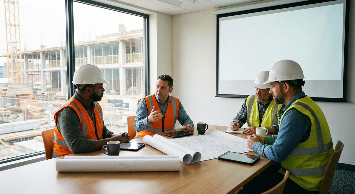 Bauteam bei der Planung mit Tablet