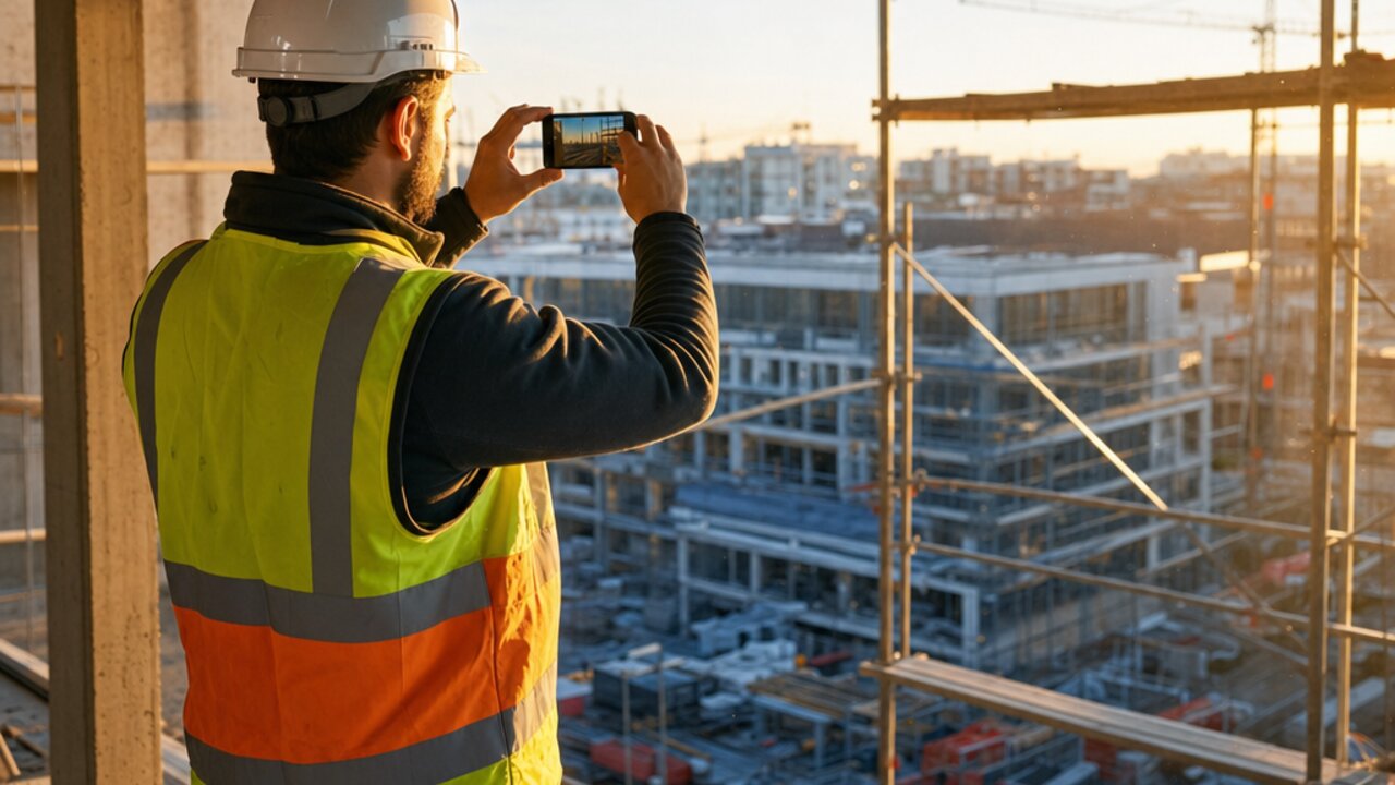Deutscher Bauleiter dokumentiert eine Baustelle im Abendlicht mit dem Smartphone