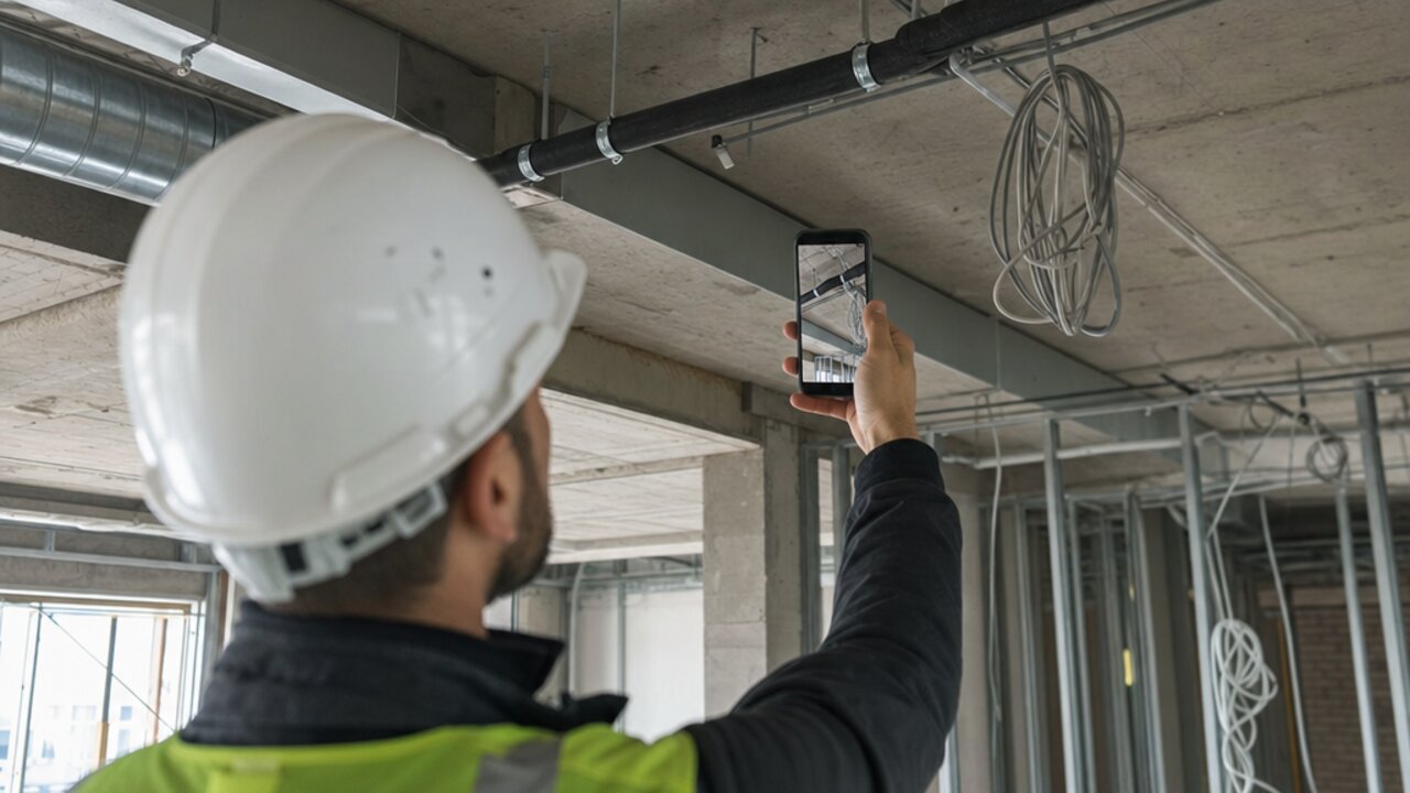 Bauleiter dokumentiert Baumängel mit dem Smartphone an einer Deckeninstallation auf einer deutschen Baustelle
