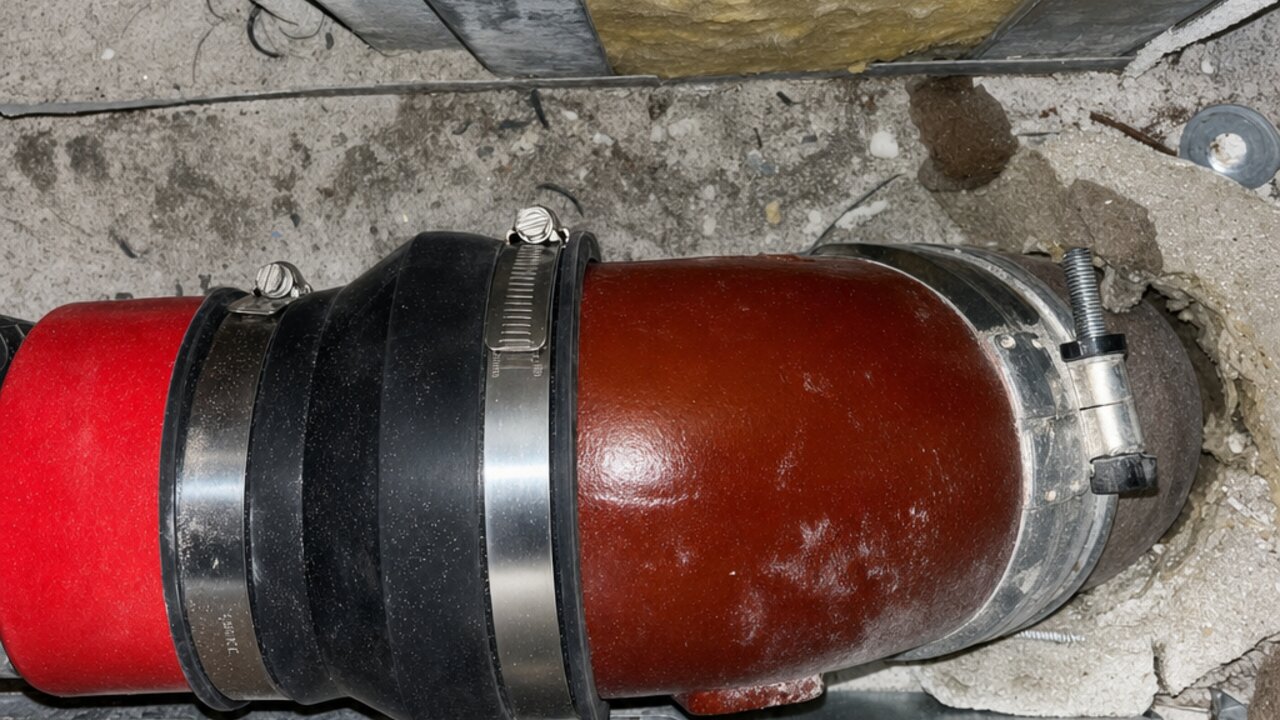 Rohrdurchführung einer Gussrohrleitung durch eine Betondecke mit unzureichender Brandschutzabschottung