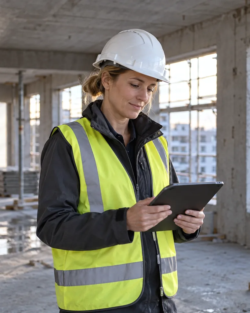 Bauleiterin mit Tablet auf der Baustelle