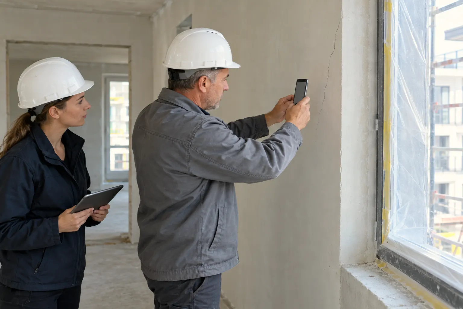 Begehung im Neubau: Ein Bauleiter fotografiert einen Riss neben dem Fenster, eine Kollegin hält das Tablet